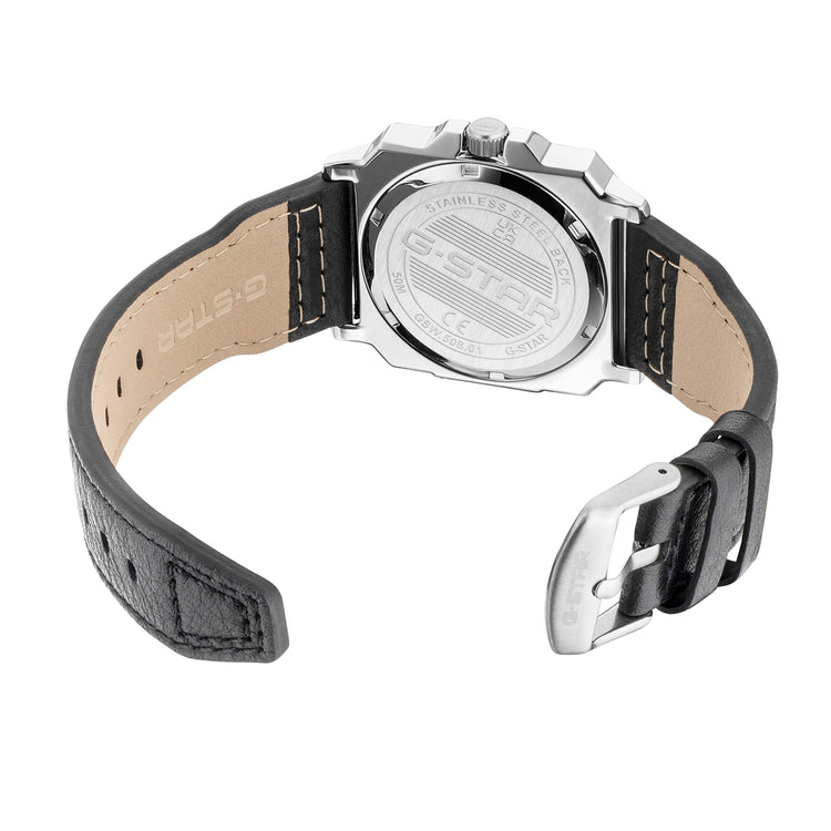 G-STAR | Cube Silver square 41mm black dial black leather band | GSW.508.04