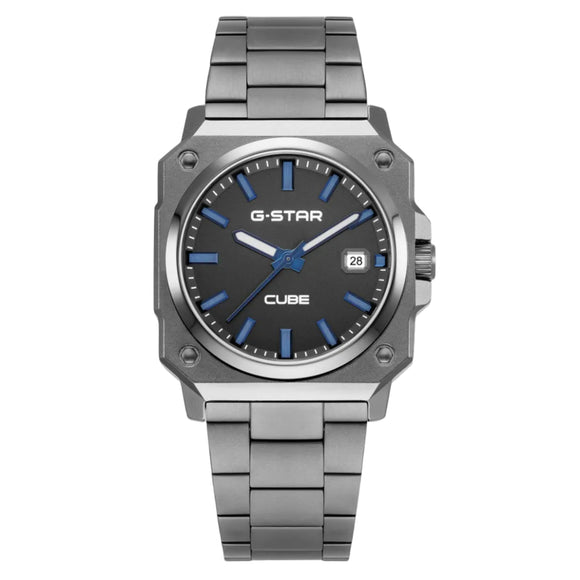 G-STAR CUBE watch with a dark gray octagonal case, blue dial details, and a matching gray stainless steel link bracelet, shown on a white background.