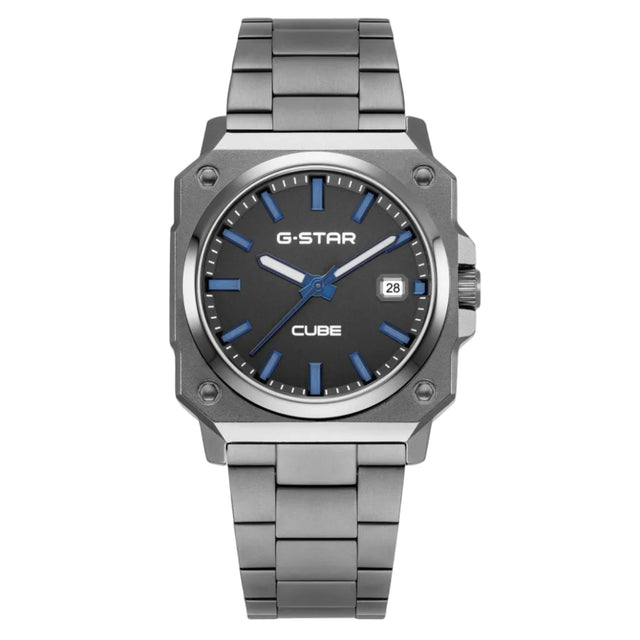 G-STAR CUBE watch with a dark gray octagonal case, blue dial details, and a matching gray stainless steel link bracelet, shown on a white background.