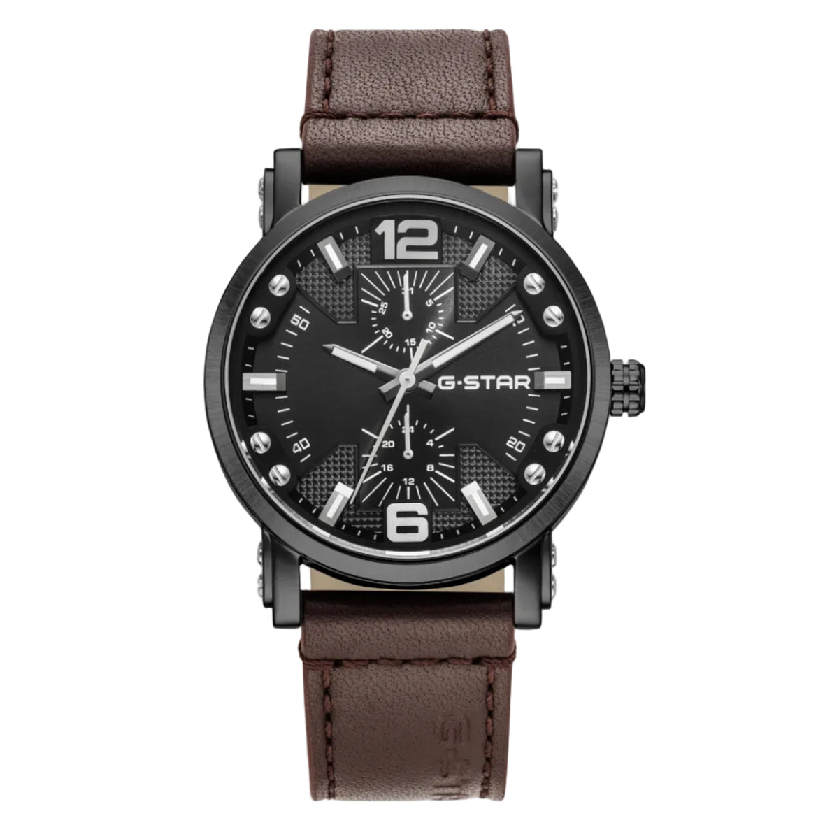A G-Star men's analog watch with a brown leather strap, a black textured dial with silver-tone hands and markers, and a black bezel, shown against a plain white background.