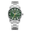 A G-Star men's analog watch with a silver stainless steel link bracelet, a round silver case, and a textured green dial featuring white Arabic numerals and a yellow second hand.