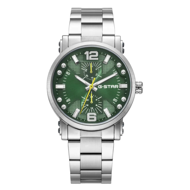 A G-Star men's analog watch with a silver stainless steel link bracelet, a round silver case, and a textured green dial featuring white Arabic numerals and a yellow second hand.