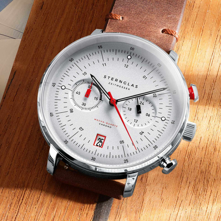 Sternglas | Hamburg chrono silver 42mm dial brown leather band | S01-HC10-VI11