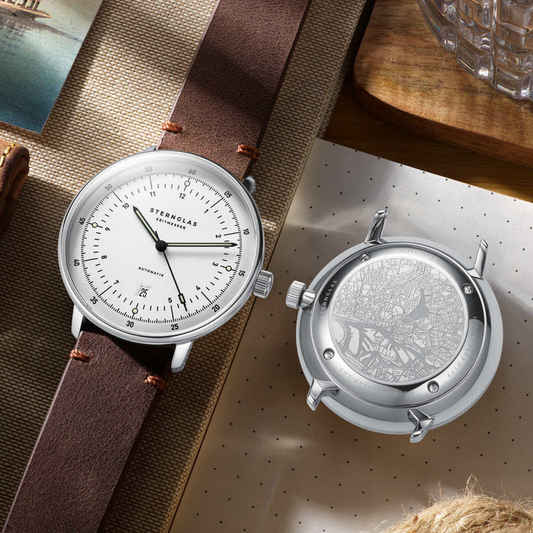 Sternglas | Hamburg Automatik silver 42mm white dial premium leather band | S02-HH47-VI11