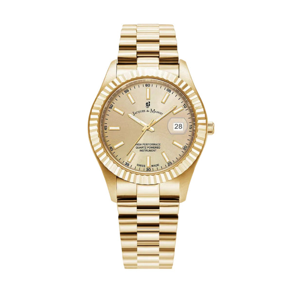 Gold wristwatch with a beige face on a white background