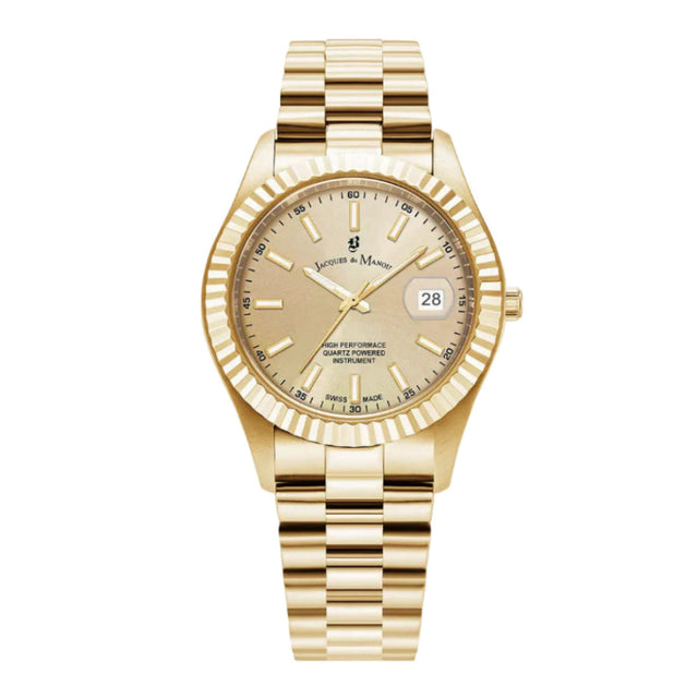 Gold wristwatch with a beige face on a white background