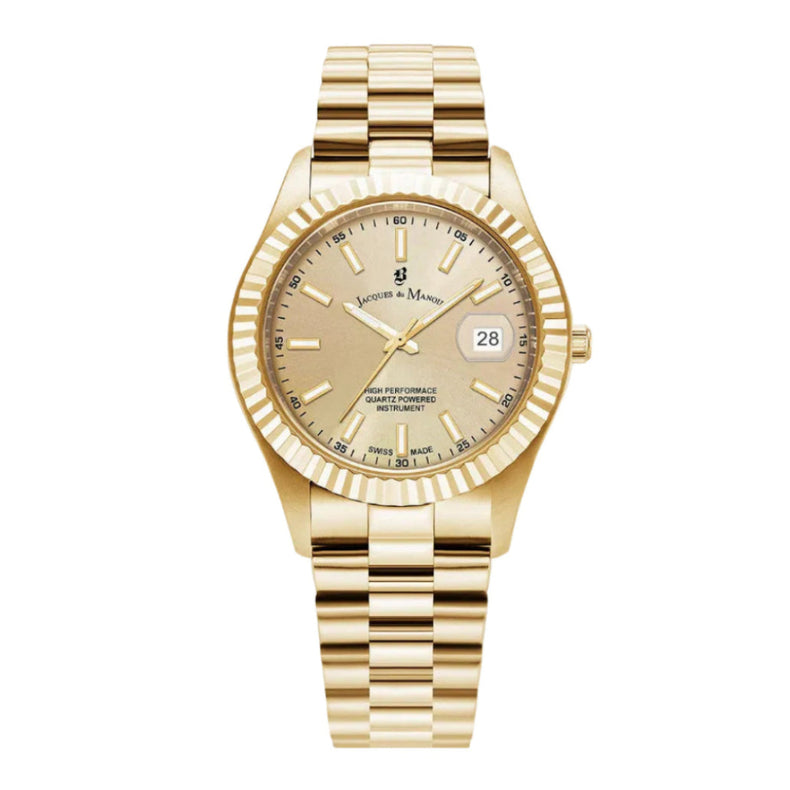 Gold wristwatch with a beige face on a white background