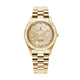 Gold wristwatch with a beige face on a white background