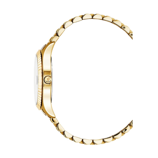 Gold watch with a white face on a white background