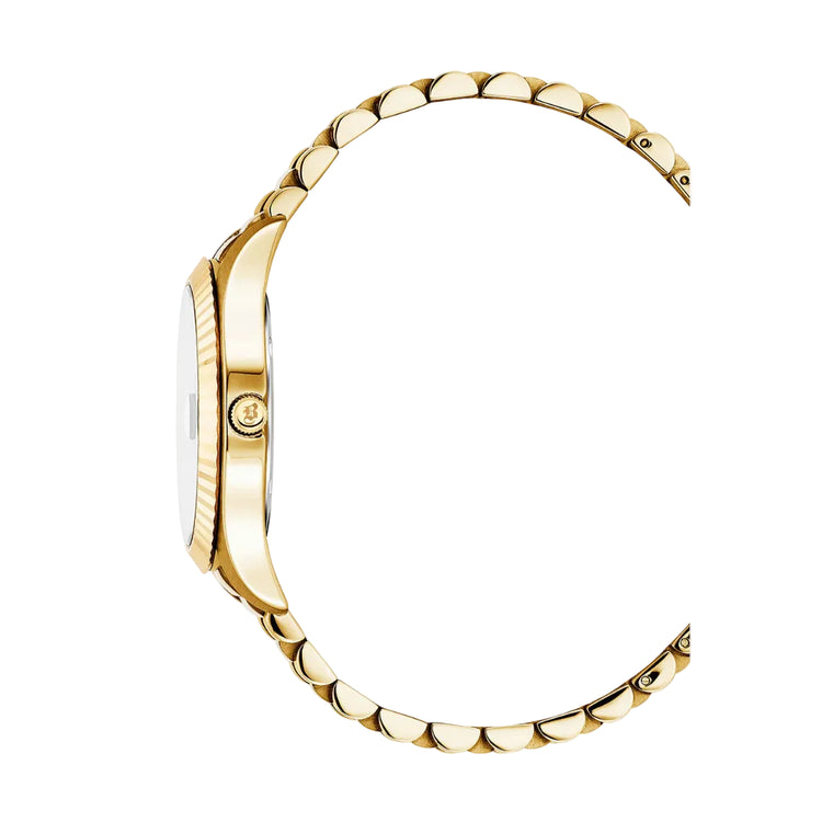 Gold watch with a white face on a white background