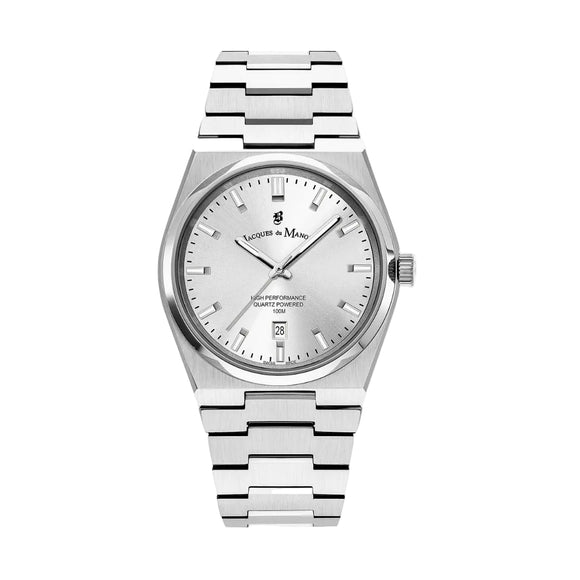 Silver watch with a white face on a white background