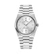 Silver watch with a white face on a white background
