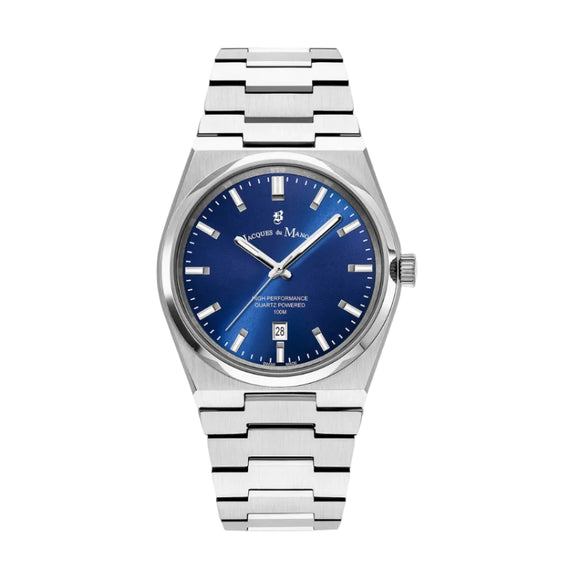 Silver watch with blue dial on a white background