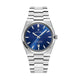 Silver watch with blue dial on a white background