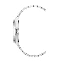 Close-up of a silver watch band on a white background