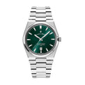 Silver watch with a green dial on a white background