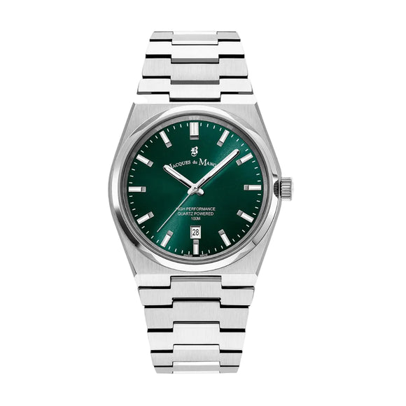 Silver watch with a green dial on a white background