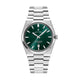 Silver watch with a green dial on a white background