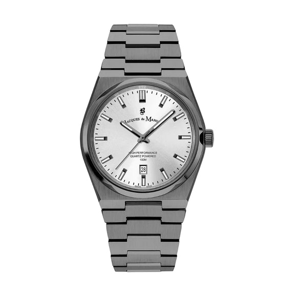 Silver watch with a white face on a white background