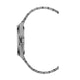 Close-up of a silver watch band on a white background