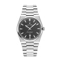 Silver watch with black dial on a white background