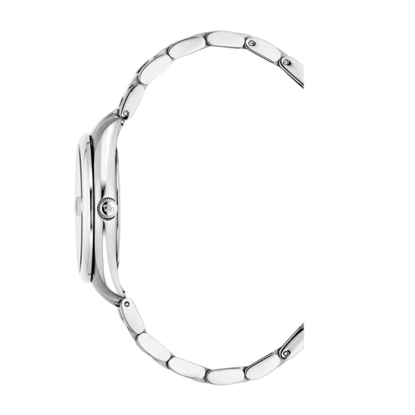 Silver watch band on a white background