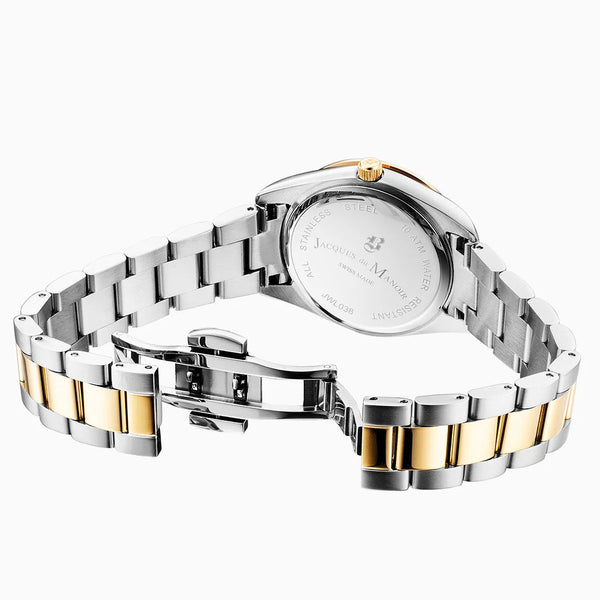 Two-tone silver and gold watch on a white background