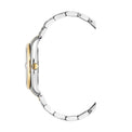 A close-up side profile of a two-tone watch with a silver-toned link bracelet and a gold-toned case accent, set against a plain white background.