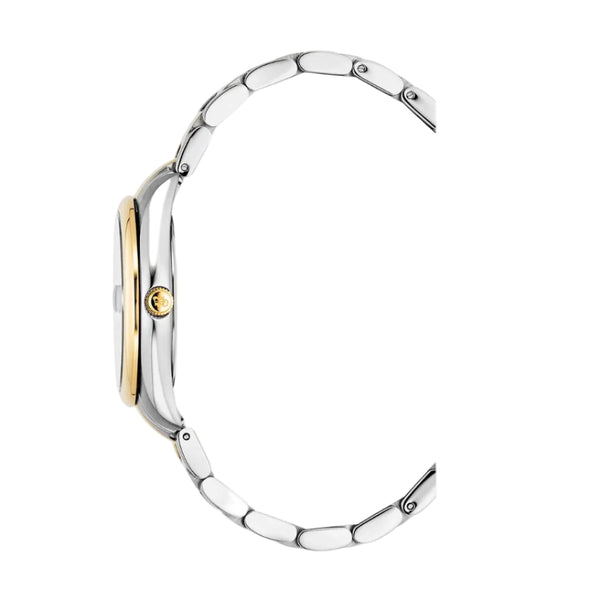 A close-up side profile of a two-tone watch with a silver-toned link bracelet and a gold-toned case accent, set against a plain white background.