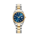 A two-tone wristwatch with a blue dial, gold-tone bezel and hands, and a silver-and-gold link bracelet, shown on a plain white background.