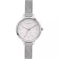 A silver-tone women's watch with a mesh metal strap, a round silver case, and a white dial featuring delicate floral line art and the brand name 'OUI & ME'.