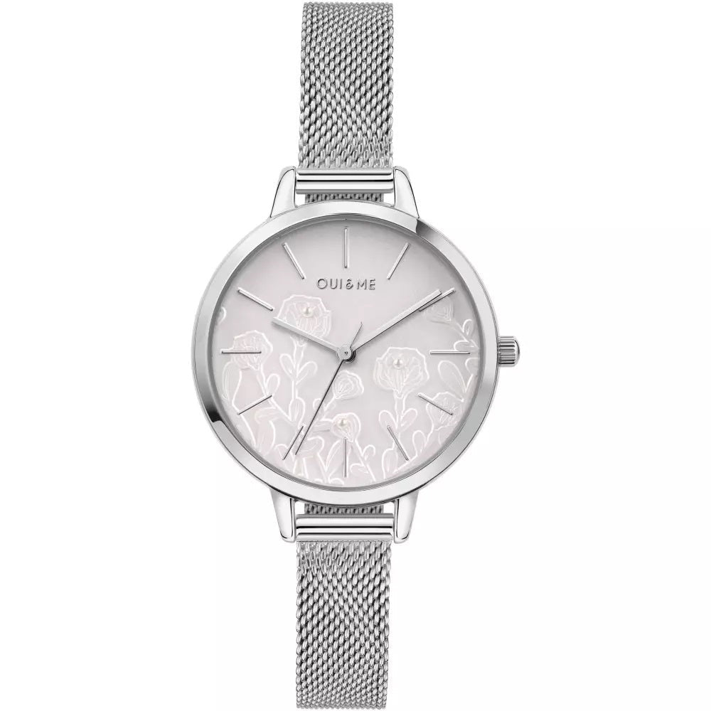 A silver-tone women's watch with a mesh metal strap, a round silver case, and a white dial featuring delicate floral line art and the brand name 'OUI & ME'.