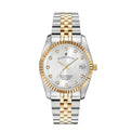 A two-tone stainless steel and gold wristwatch with a silver dial, diamond hour markers, and a fluted gold bezel, shown against a plain white background.