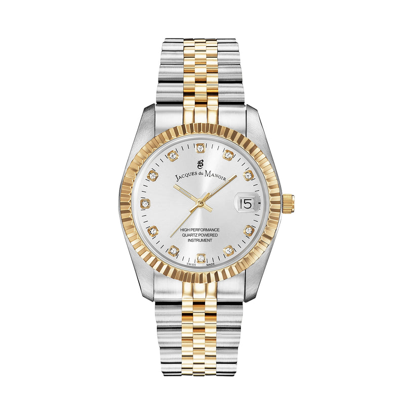 A two-tone stainless steel and gold wristwatch with a silver dial, diamond hour markers, and a fluted gold bezel, shown against a plain white background.