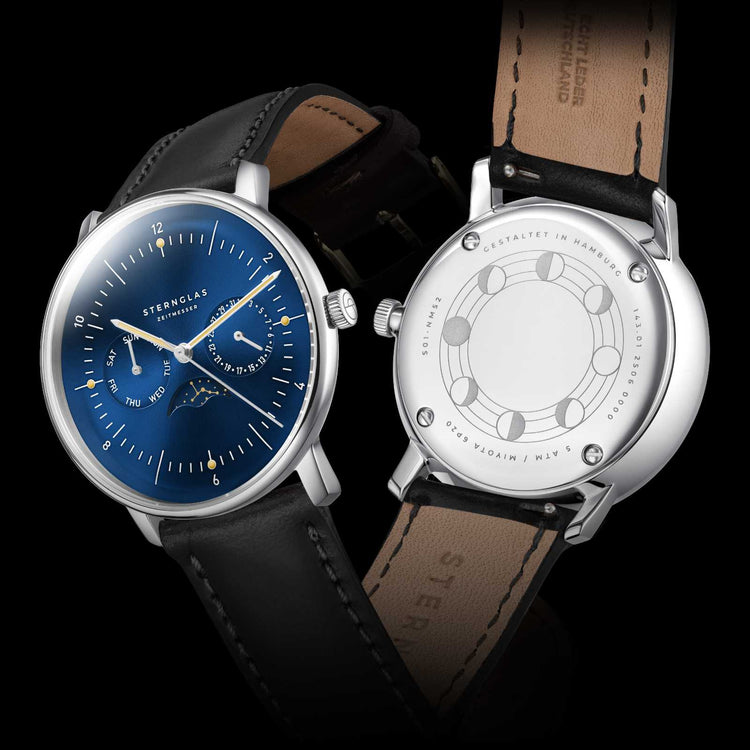 Sternglas | Naos Moonphase blue 38mm dial black leather band | S01-NM06-BR02