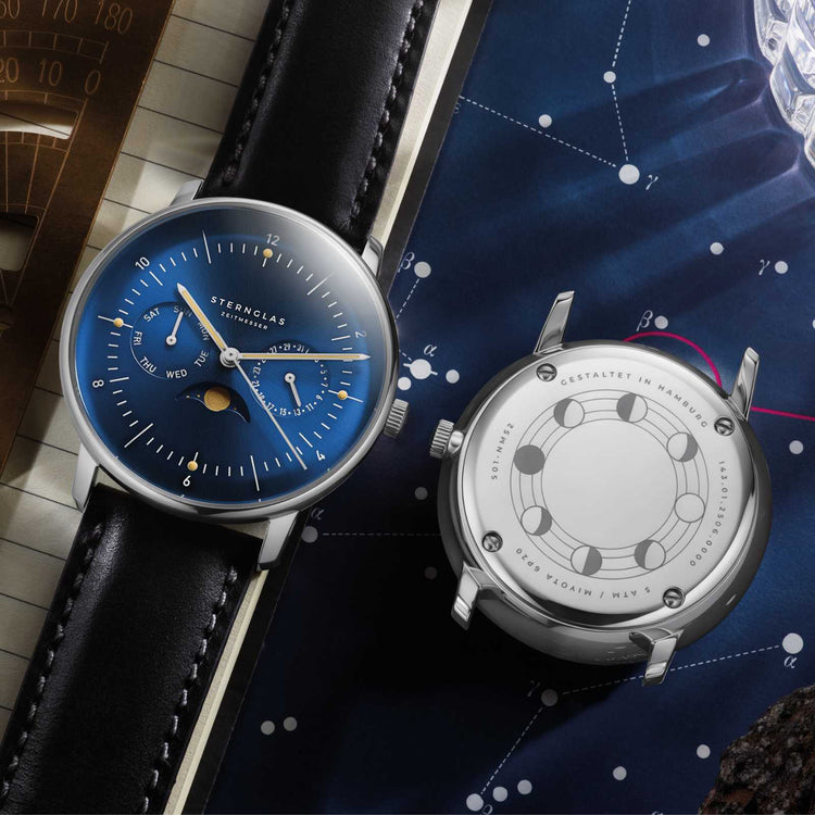 Sternglas | Naos Moonphase blue 38mm dial black leather band | S01-NM06-BR02