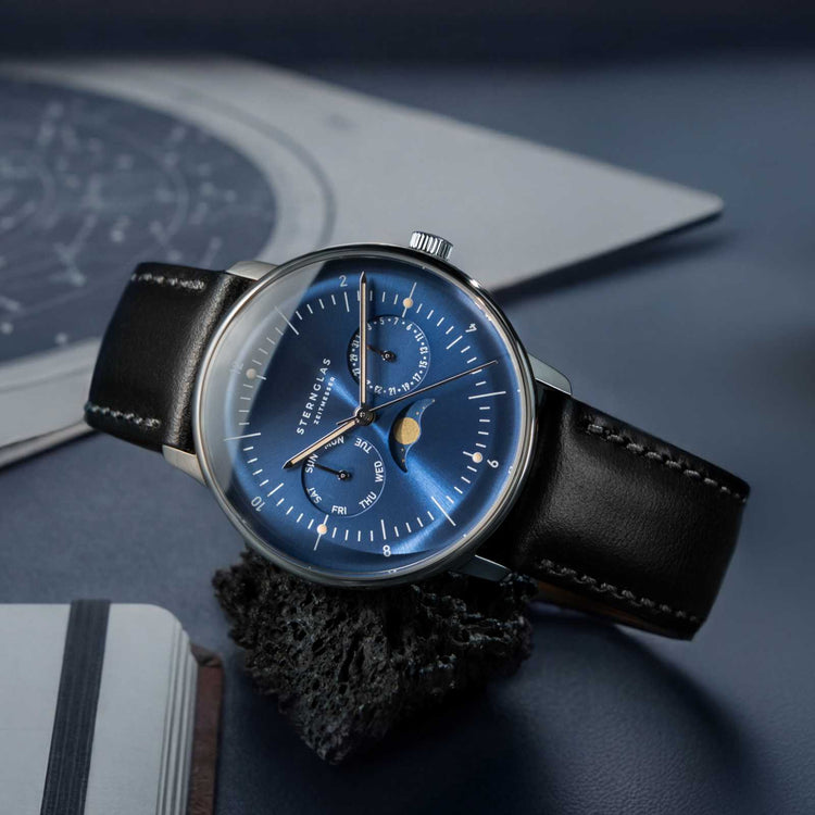 Sternglas | Naos Moonphase blue 38mm dial black leather band | S01-NM06-BR02