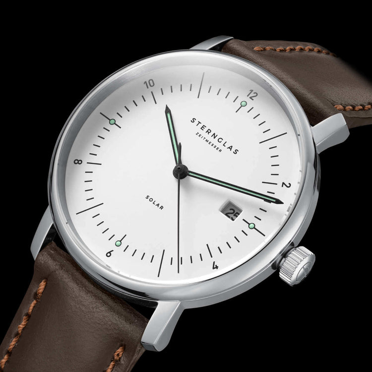 Sternglas | Naos Solar white 38mm dial brown leather band | S01-NS01-BR03