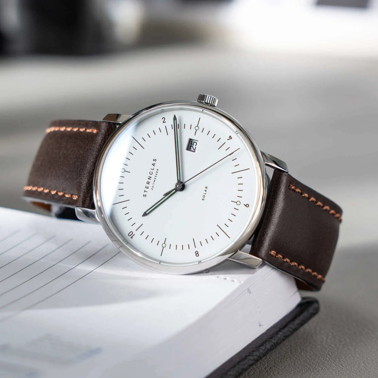 Sternglas | Naos Solar white 38mm dial brown leather band | S01-NS01-BR03