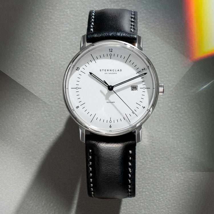 Sternglas | Naos Solar white 38mm dial black leather band | S01-NS01-BR02
