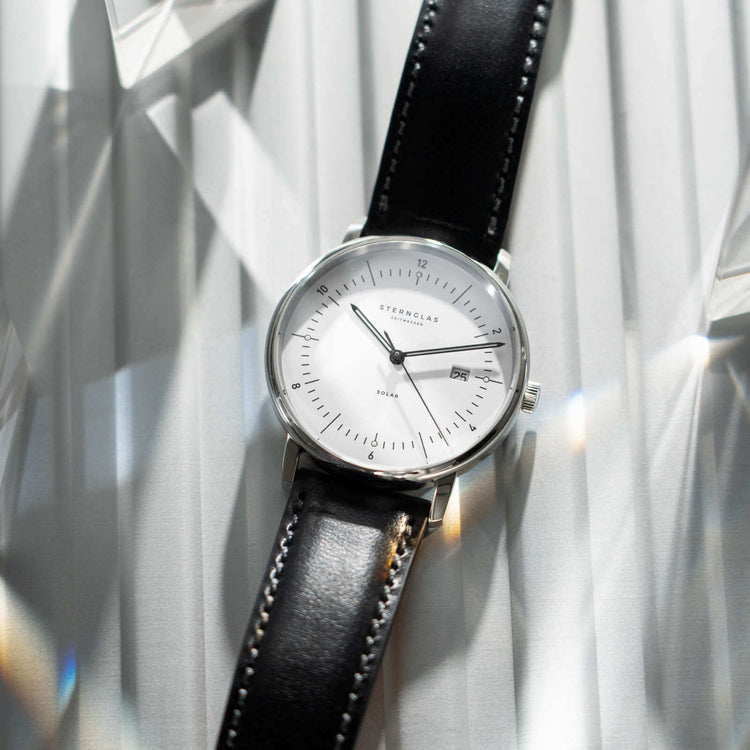 Sternglas | Naos Solar white 38mm dial black leather band | S01-NS01-BR02