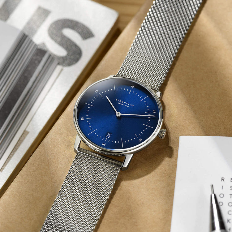Sternglas | Naos Sunburst blue 38mm dial milanaise silver  band | S01-NA58-MI04