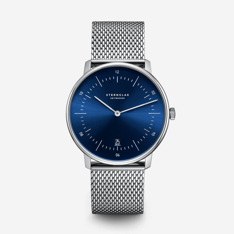 Sternglas | Naos Sunburst blue 38mm dial milanaise silver  band | S01-NA58-MI04