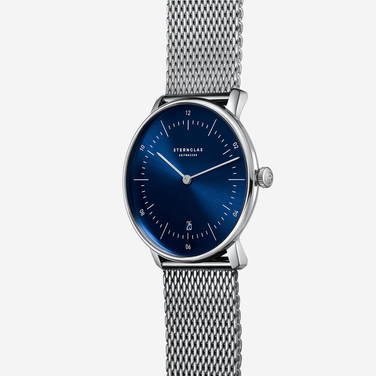 Sternglas | Naos Sunburst blue 38mm dial milanaise silver  band | S01-NA58-MI04