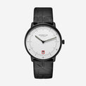 A Sternglas Naos Limited edition Bauhaus III watch with a white dial and black leather band.