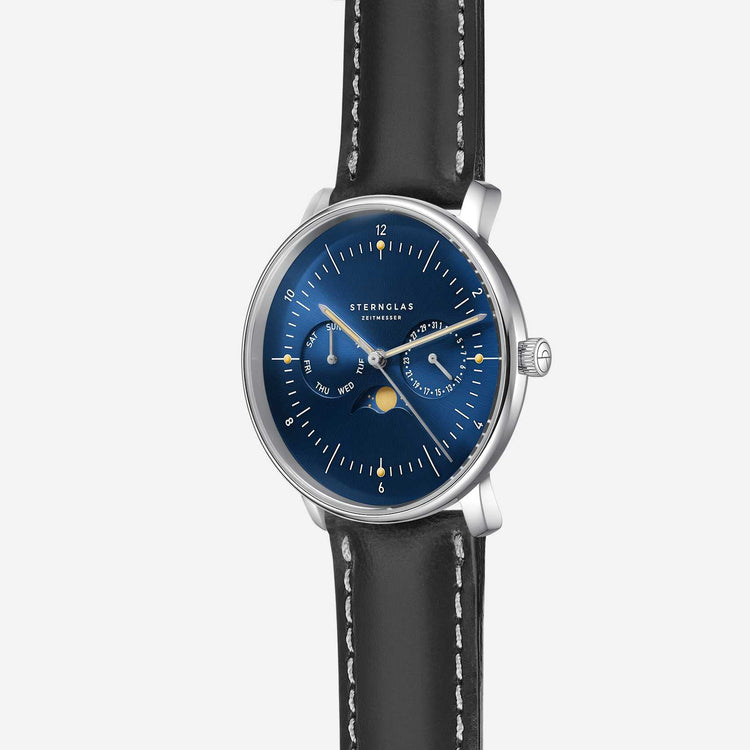 Sternglas | Naos Moonphase blue 38mm dial black leather band | S01-NM06-BR02