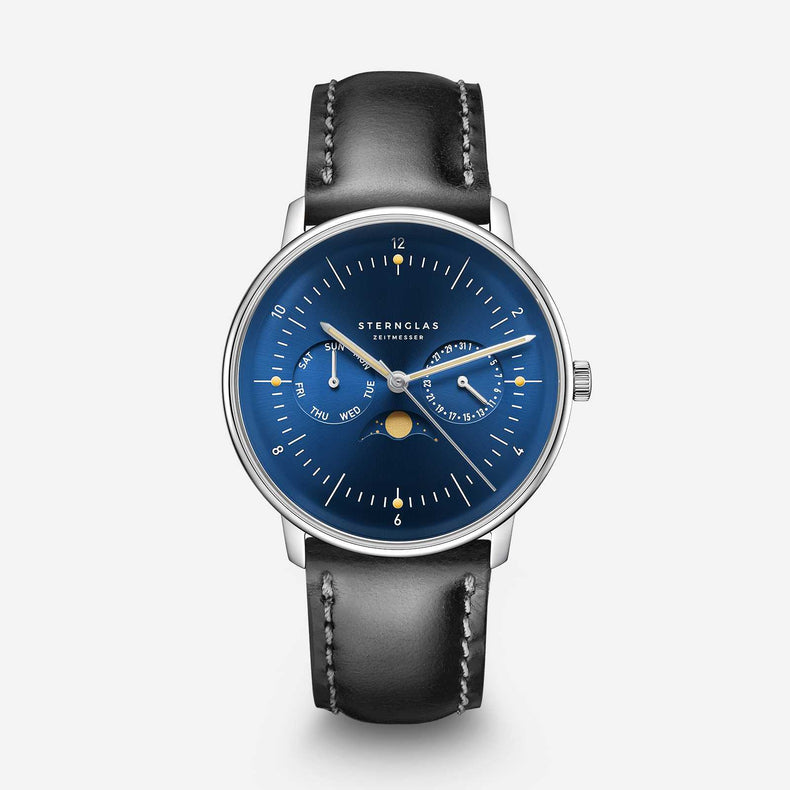 Sternglas | Naos Moonphase blue 38mm dial black leather band | S01-NM06-BR02