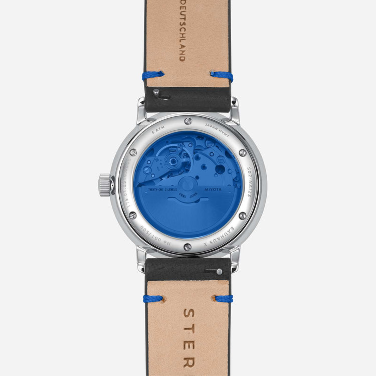 Sternglas | Naos Edition Bauhaus X Blue Automatik 38mm dial black leather | S02-NAI45-VI30