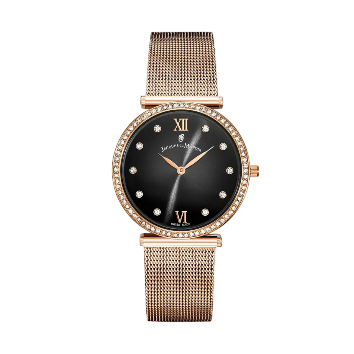 A women's watch by Jena-Maria featuring a round rose gold case, a black dial with Roman numerals, a bezel set with small clear crystals, and a matching rose gold mesh strap, shown against a plain white background.