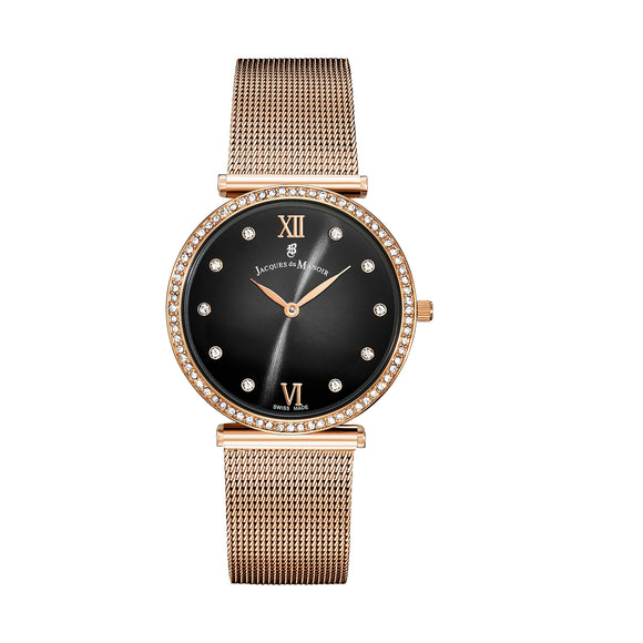 A women's watch by Jena-Maria featuring a round rose gold case, a black dial with Roman numerals, a bezel set with small clear crystals, and a matching rose gold mesh strap, shown against a plain white background.